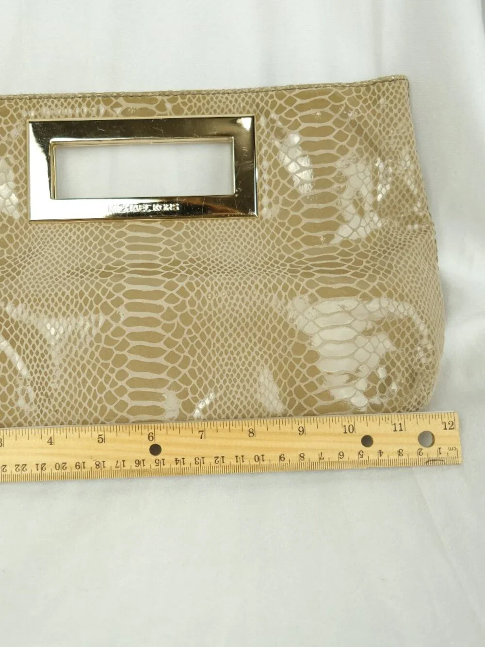 Michael Kors Snakeskin Clutch Gold Metal Handles Soft Beige Purse